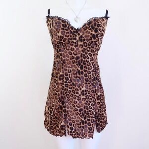 y2k leopard mesh slip dress sheer lace trim mini